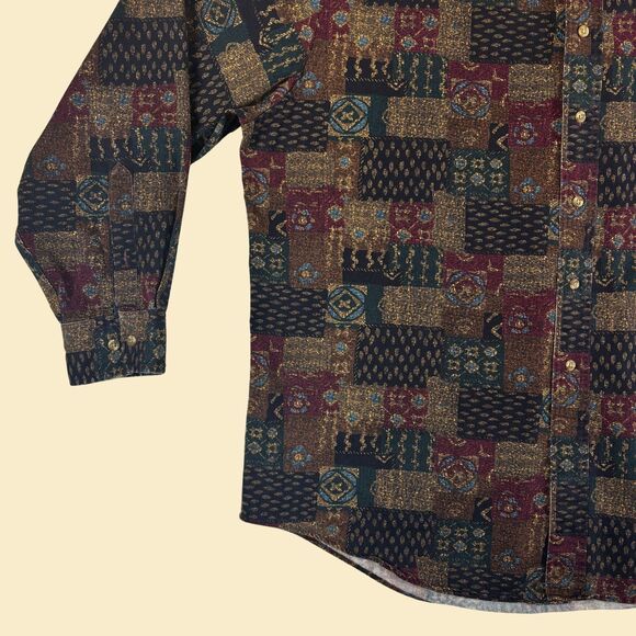 90s XL geometric mens shirt, Roundtree & Yorke, vintage blue/green abstract top - Picture 2 of 7